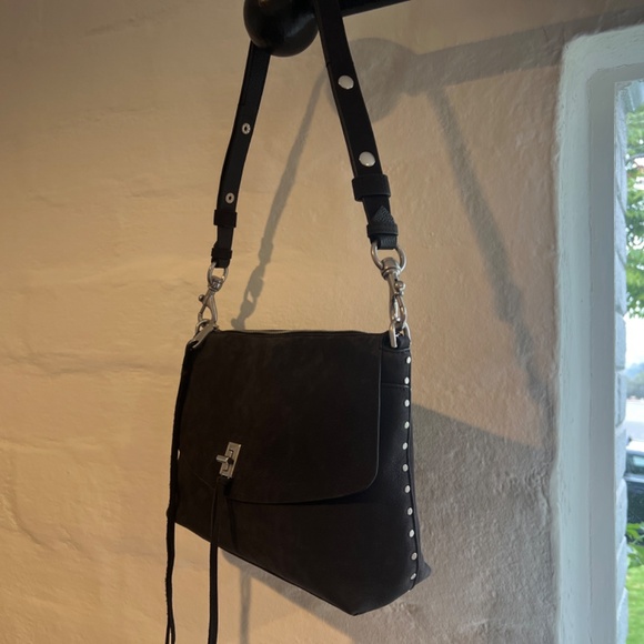 NWT $328 REBECCA MINKOFF Washed Black Suede Leather Darren Top Zip Shoulder Bag - Picture 11 of 14